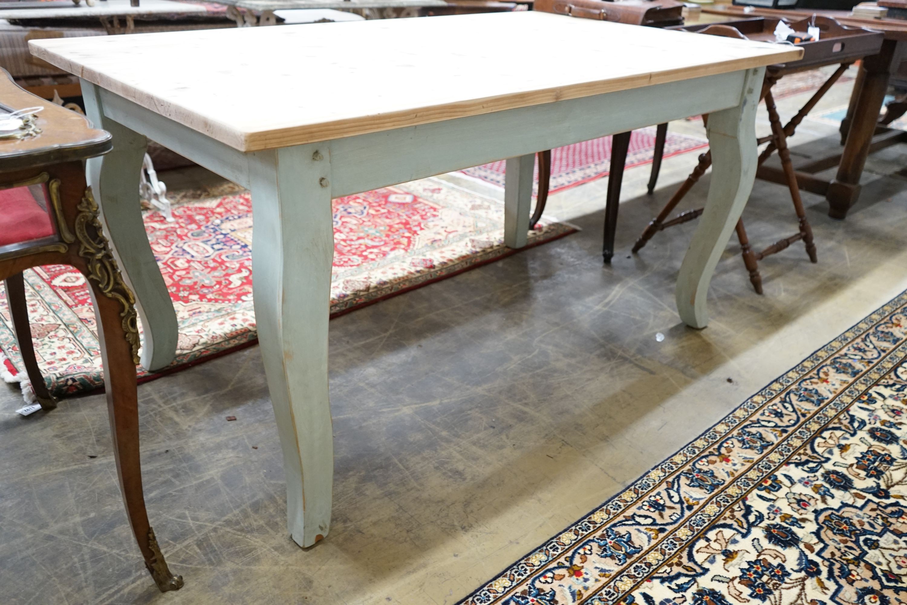 A French style part painted pine kitchen table, width 152cm, depth 91cm, height 78cm